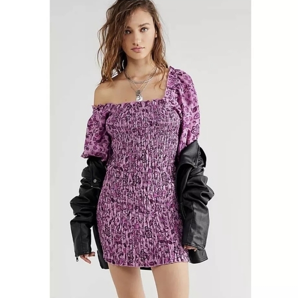 Free People Smock It To Me Mini Dress - Azalea Combo Purple Floral - Large - NWT - Picture 5 of 11